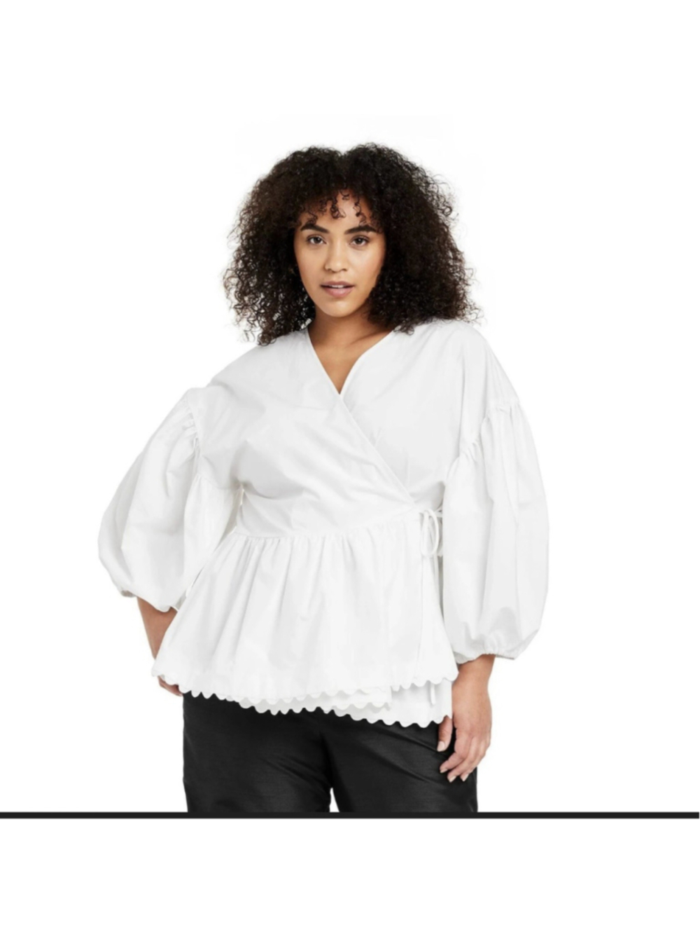 Kika Vargas xTarget White V-Neck Balloon Sleeve Scallop Ruffle Tie Cotton Top L - Picture 3 of 14